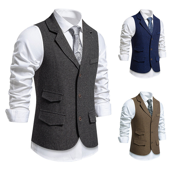 Herren Tweed-Weste mit Fischgrätstruktur, Reverskragen und Pattentaschen Echo Archiv