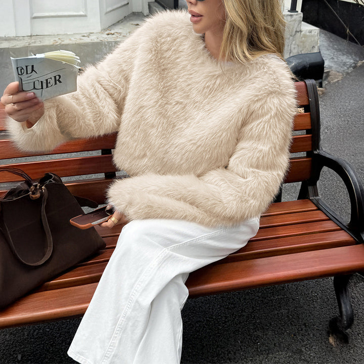 Damen kuscheliger Cropped-Faux-Fur-Pullover mit ausgestellten Ärmeln – Mavelle