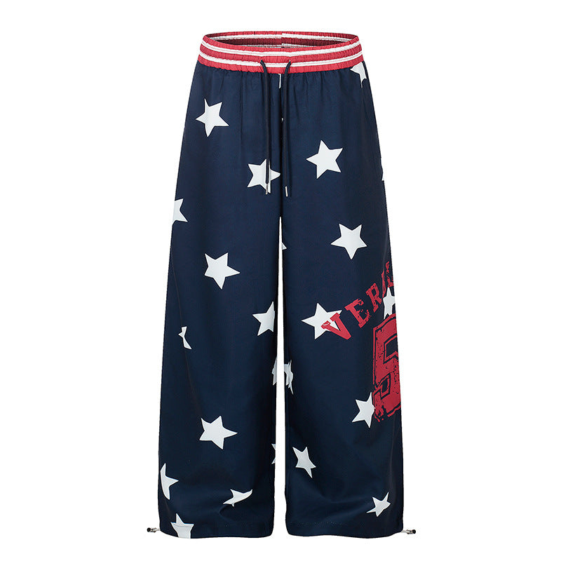 Damen Palazzo-Loungehose im Athleisure-Stil mit Stern-Allover, hohem Rippbund und Statement-Print Echoarchiv