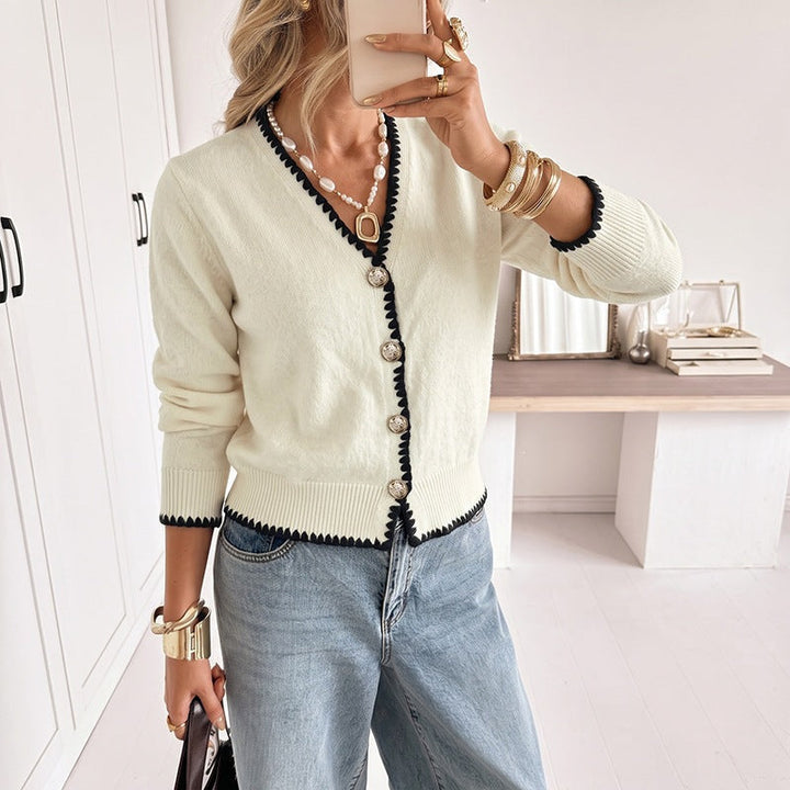 Damen Feingestrickter V‑Ausschnitt‑Cardigan mit kontrastierender Zierkante und Zierknöpfen Echoarchiv
