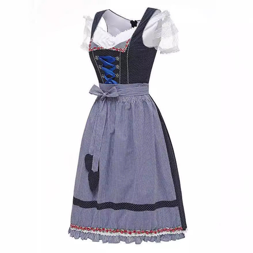 Damen nan alpines Midi-Trachtenkleid mit geschnürtem Mieder, Kurzbluse und dekorativer Herzschürze Echo Archiv