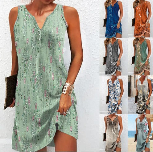 Damen, lässiges Sommerkleid mit V-Ausschnitt und asymmetrischem Saum Echoarchiv