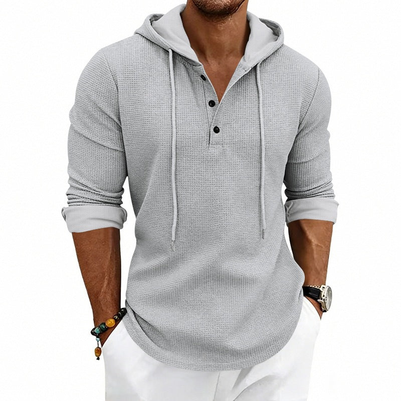 Herren Texturiertes Kapuzen-Langarmshirt mit Knopfleiste und Waffelstruktur Echoarchiv
