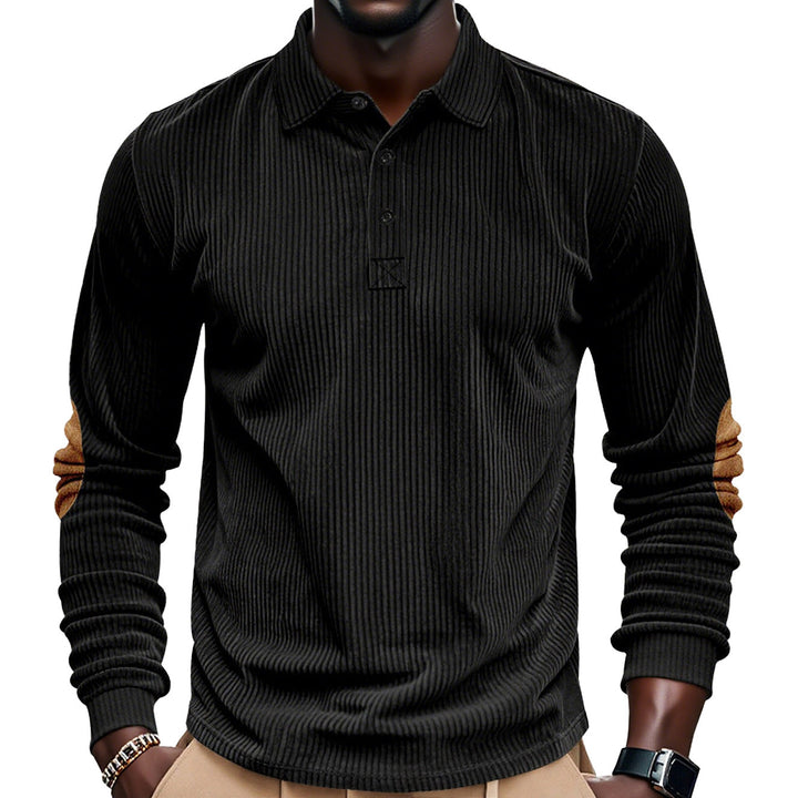 Herren nan geripptes Langarm-Poloshirt mit Henley-Knopfleiste und veloursähnlichen Ellbogenpatches Echo Archiv