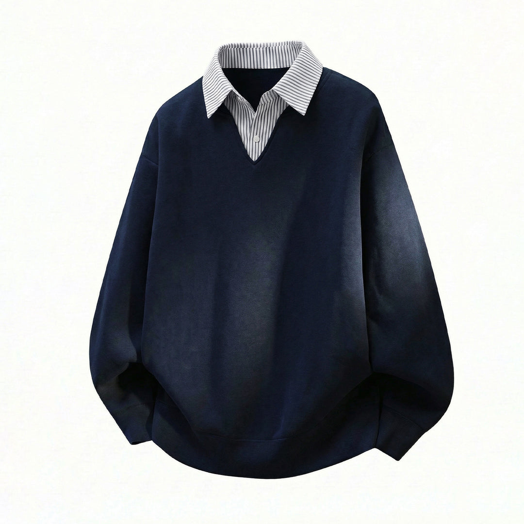 Unisex Oversize-Pullover im Lagenlook mit eingearbeitetem Hemdkragen und V-Ausschnitt Echo Archiv
