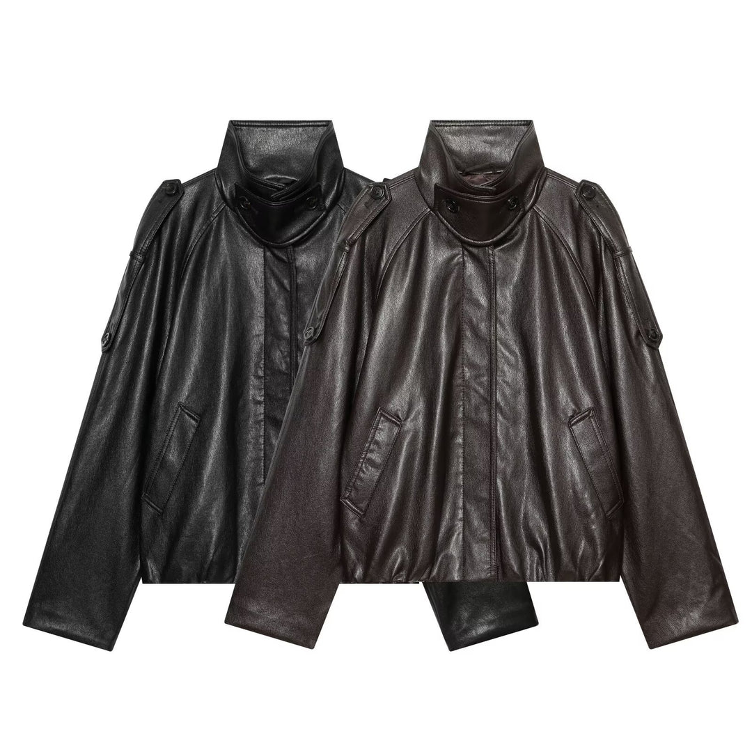 Damen Oversized Cropped Lederoptik‑Jacke mit hohem Stehkragen und Epauletten Echo Archiv