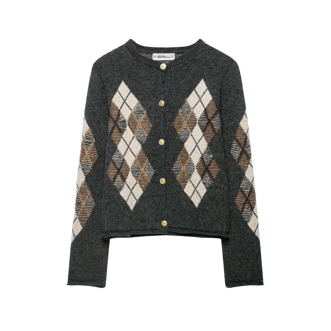 Damen Kurzgeschnittener Argyle-Cardigan im Retro-Strick mit goldenen Zierknöpfen Echoarchiv