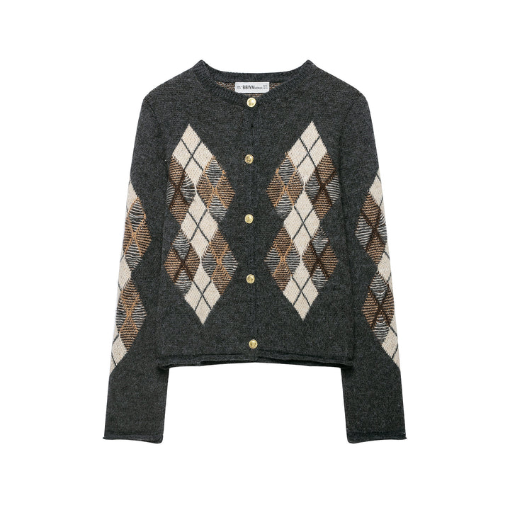 Damen Kurzgeschnittener Argyle-Cardigan im Retro-Strick mit goldenen Zierknöpfen Echoarchiv