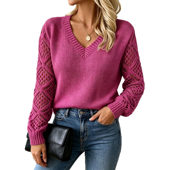 Damen Kuschelstrickpullover mit V‑Ausschnitt und Durchbruchärmeln – Mavelle