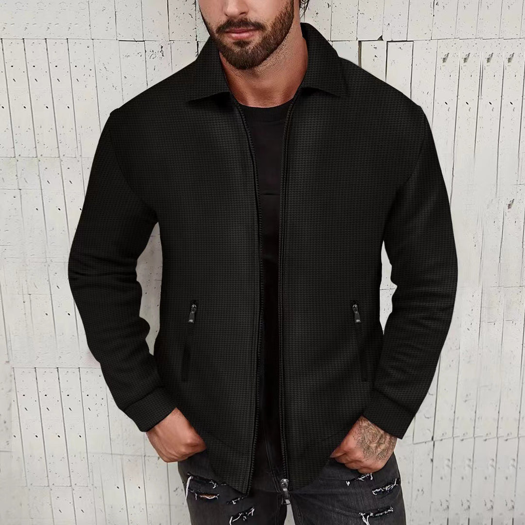 Herren Leichte Struktur-Reißverschluss-Übergangsjacke mit Kentkragen und Reißverschlusstaschen Echoarchiv