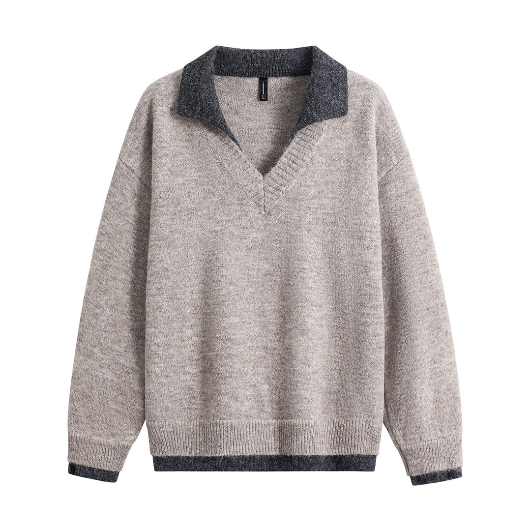 Herren Oversize-Pullover mit kontrastierendem Kragen, V‑Ausschnitt und weichem Fleeceinnenfutter Echoarchiv