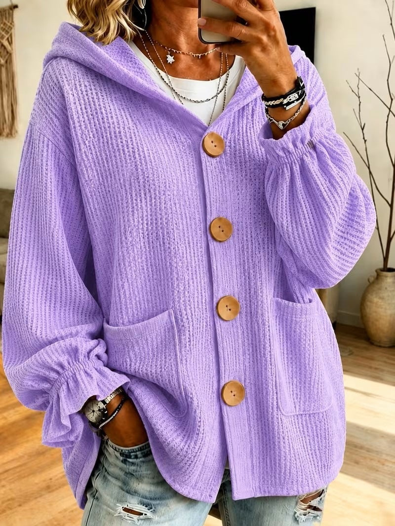 Damen Oversize Kapuzen-Strickjacke mit Waffelstruktur und Holzknöpfen Echo Archiv