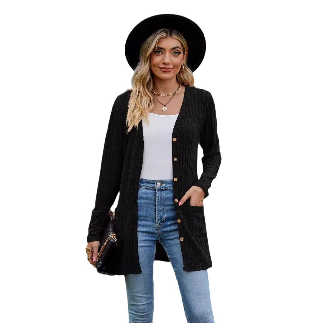 Damen nan langer gerippter Strickcardigan mit Eingrifftaschen und Holzknöpfen Echo Archiv