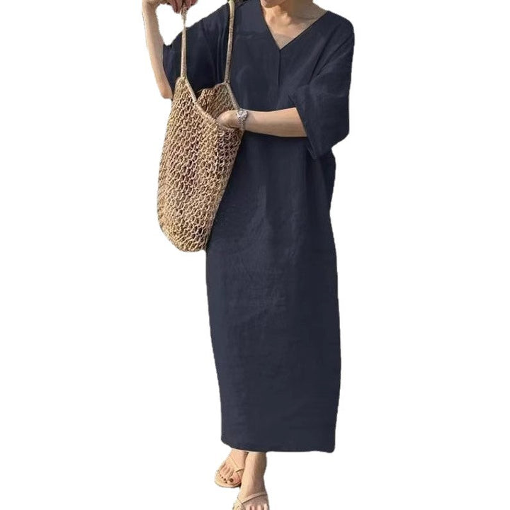 Damen lässiges Leinen-Midikleid mit V-Ausschnitt und weit geschnittenen Ärmeln Echo Archiv