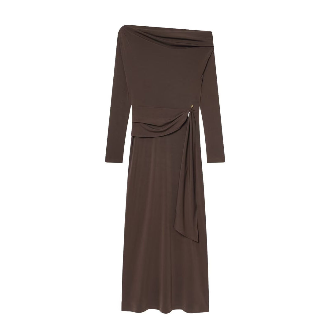 Damen elegantes Maxikleid mit asymmetrischem Ausschnitt und dekorativer Drapierung Echo Archiv