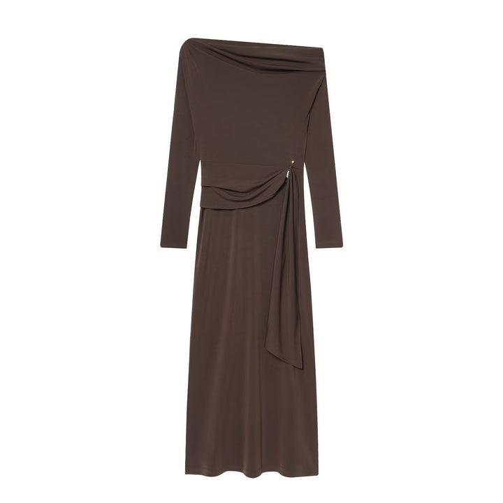 Damen elegantes Maxikleid mit asymmetrischem Ausschnitt und dekorativer Drapierung Echo Archiv