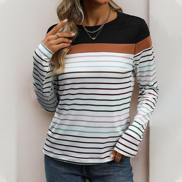 Damen Langärmliges gestreiftes Shirt mit Colorblock‑Schulter und Rundhalsausschnitt Echoarchiv