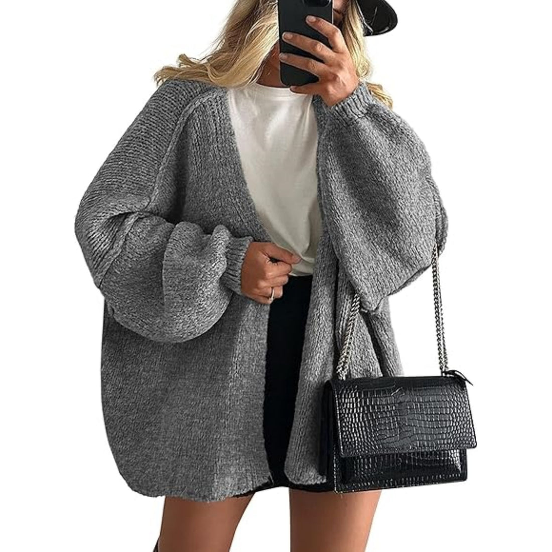 Damen Oversize Strickcardigan mit Ballonärmeln und offener Front – Veloura