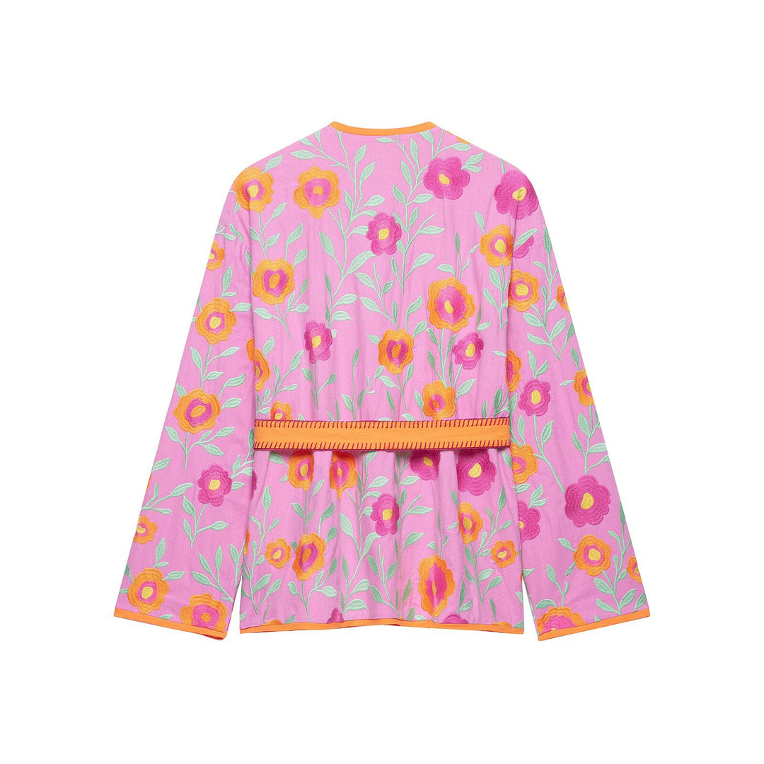 Damen Besticktes Kimono-Blouson mit Taillengürtel und floraler Stickerei Echo Archiv
