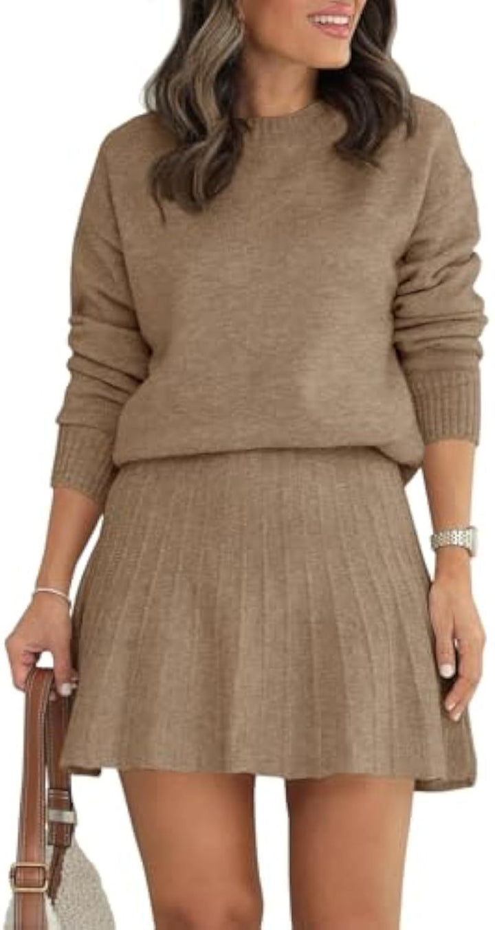Damen Zweiteiliges Strick-Set mit Rundhals-Pullover und Plissée-Minirock – Élanora