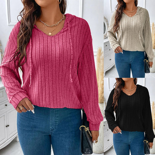 Damen nan gerippter Kapuzenpullover aus Feinstrick mit V-Ausschnitt Echo Archiv