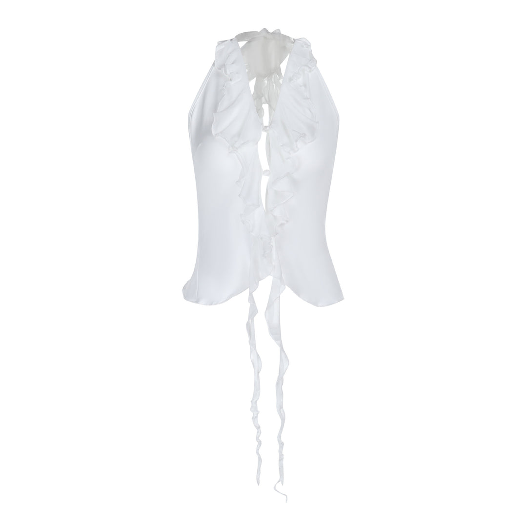 Damen elegantes Rüschenoberteil mit tiefem V-Ausschnitt und feinem Satin Echo Archiv