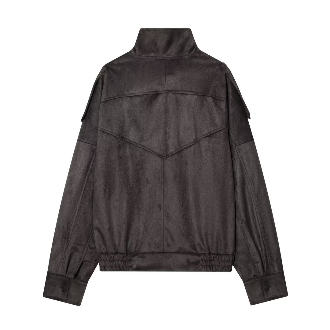 Damen Kurze Velours‑Optik Bomberjacke mit hohem Stehkragen und asymmetrischer Knopfleiste Echo Archiv