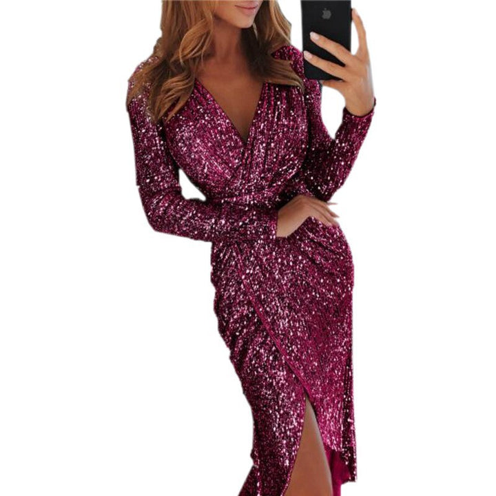 Damen nan glitzerndes Wickel-Midikleid mit V-Ausschnitt langen Ärmeln seitlichem Beinschlitz Echo Archiv