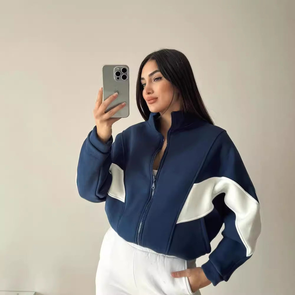 Damen Kurz geschnittener Stehkragen-Reißverschluss-Hoodie im Colorblock-Sportstyle Echoarchiv