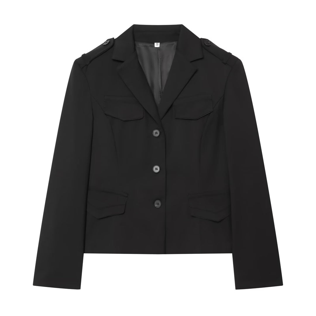 Damen Cropped Military-inspirierter Kurzblazer mit Schulterpatten und Pattentaschen Echoarchiv