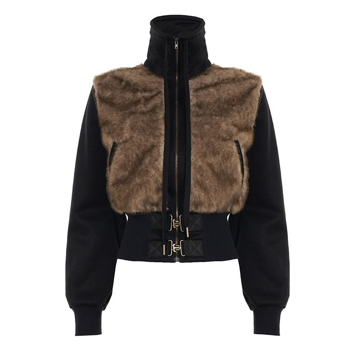 Damen Kurzjacke mit Kunstfellfront, hohem Stehkragen und tailliertem Rippbund Echo Archiv