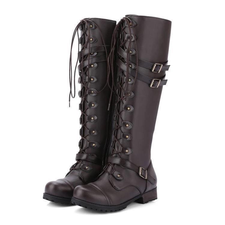 Damen Kniehohe Schnürstiefel mit verstellbaren Zierschnallen und robuster Profilsohle – Lioré