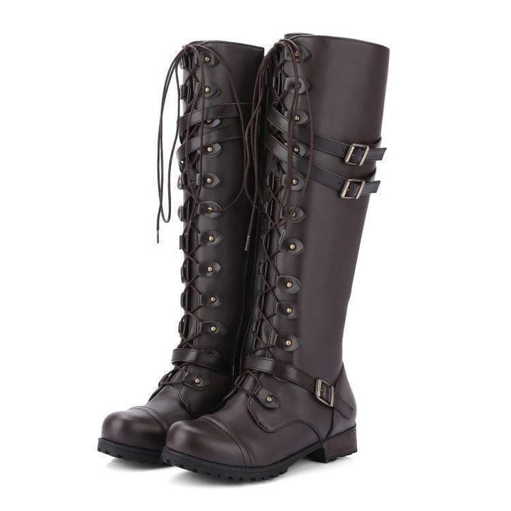 Damen Kniehohe Schnürstiefel mit verstellbaren Zierschnallen und robuster Profilsohle – Lioré