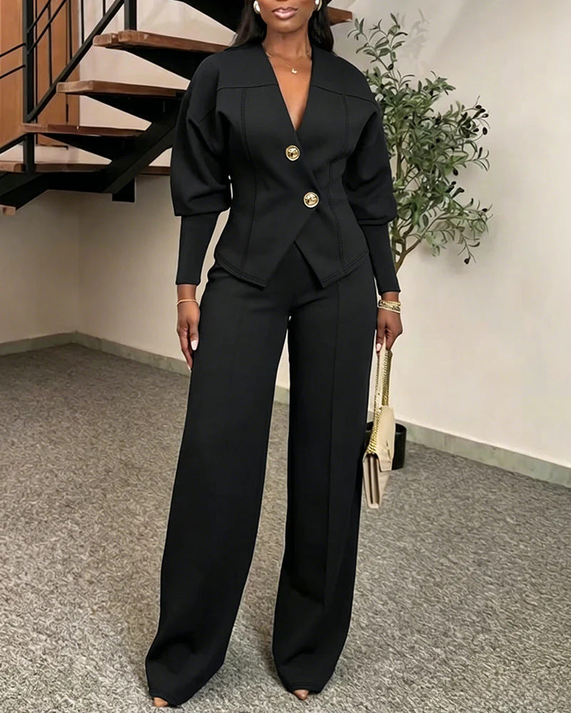 Damen Zweiteiliges tailliertes Blazer‑Hosen‑Set mit goldenen Zierknöpfen und weitem Palazzo-Bein – Avérine