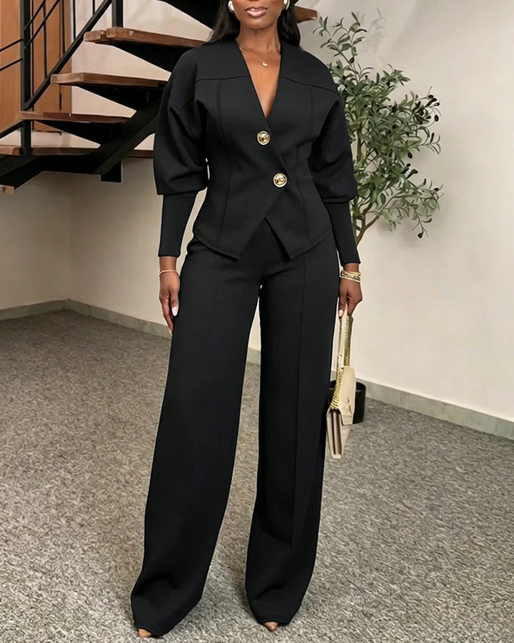 Damen Zweiteiliges tailliertes Blazer‑Hosen‑Set mit goldenen Zierknöpfen und weitem Palazzo-Bein – Avérine