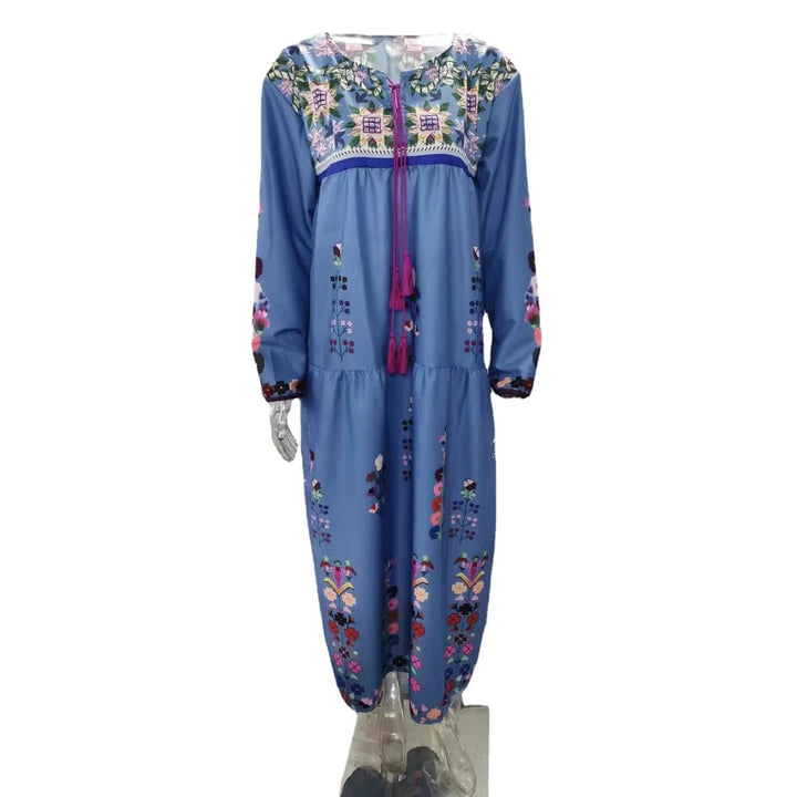 Damen nan besticktes Maxikleid mit langen Ärmeln, Quastenverschluss und folkloristischer Stickerei Echo Archiv