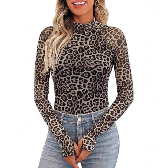 Damen Transparentes Mesh-Longsleeve mit Blumenprint und Stehkragen – Avérine