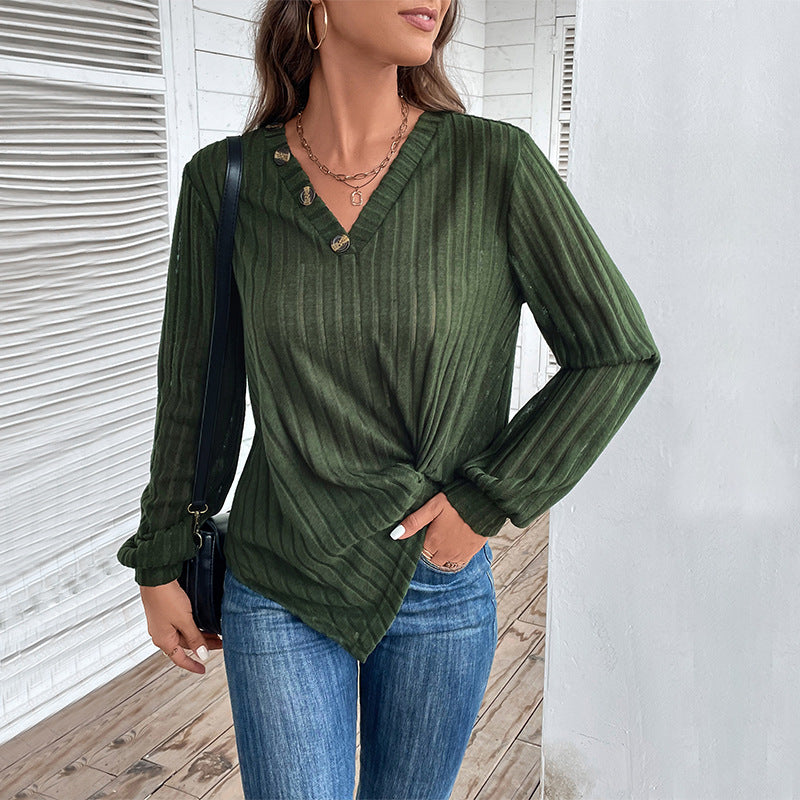 Damen Geripptes V-Ausschnitt Langarmshirt mit Twist-Knoten und Zierknöpfen Echoarchiv