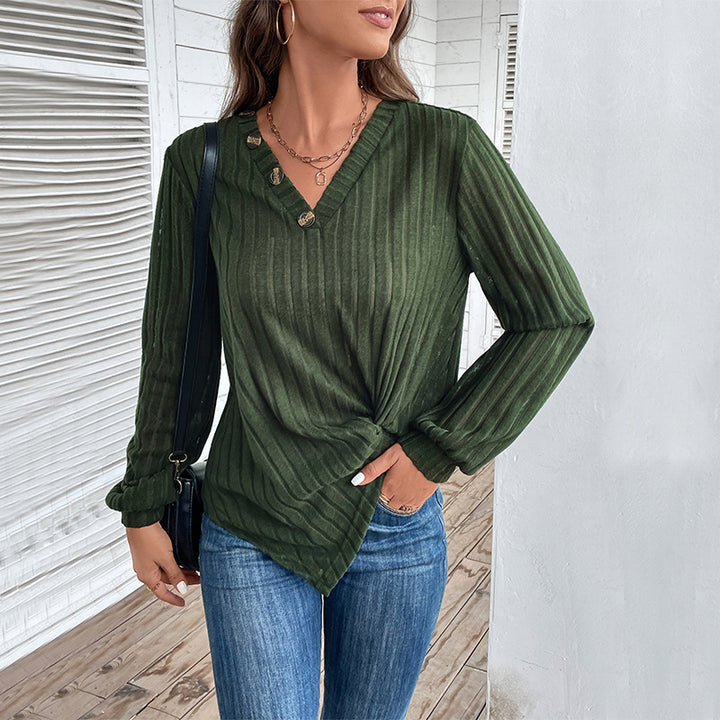 Damen Geripptes V-Ausschnitt Langarmshirt mit Twist-Knoten und Zierknöpfen Echoarchiv