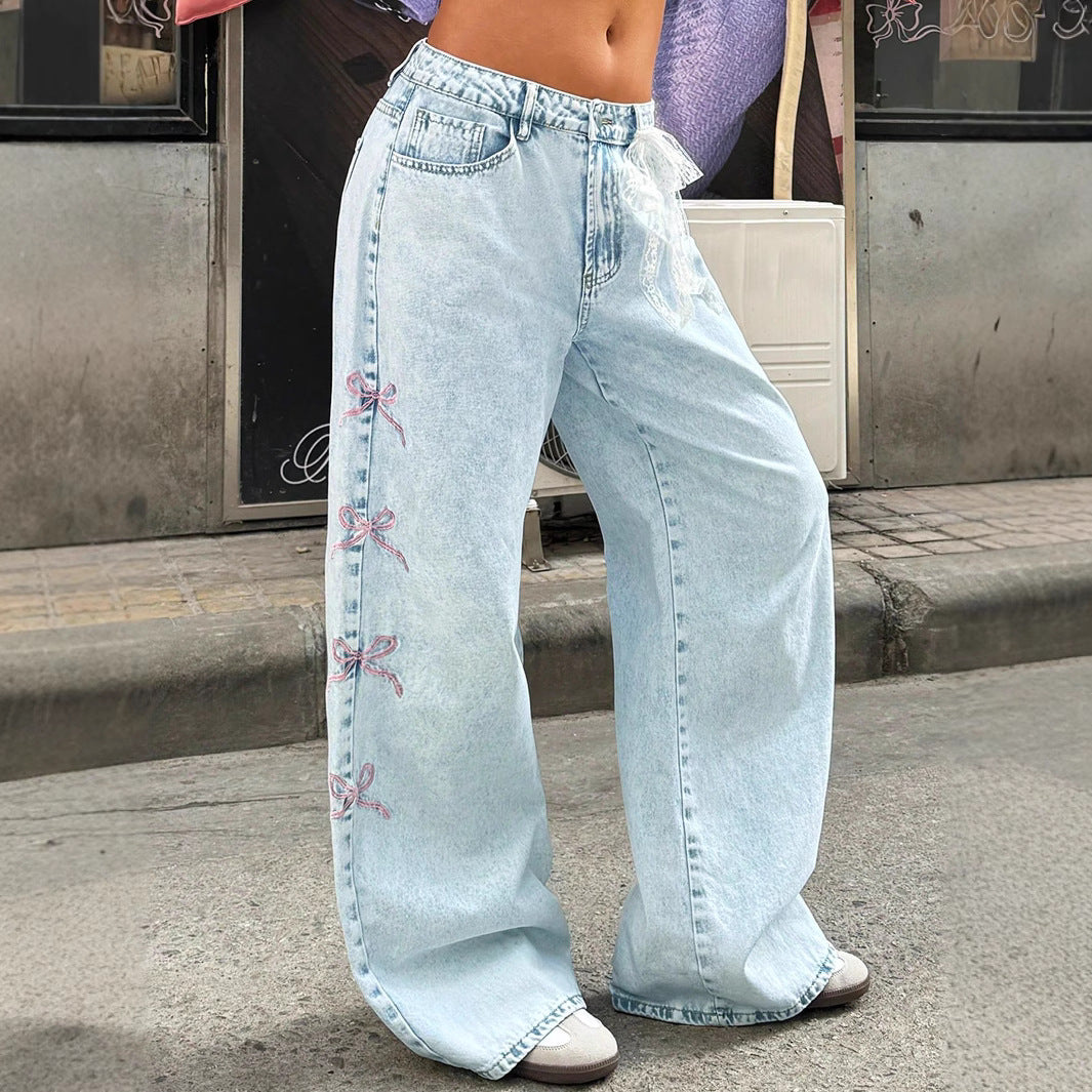 Damen weite High-Waist Denim-Jeanshose mit Spitzenband-Gürtel und ausgestelltem Bein Echo Archiv