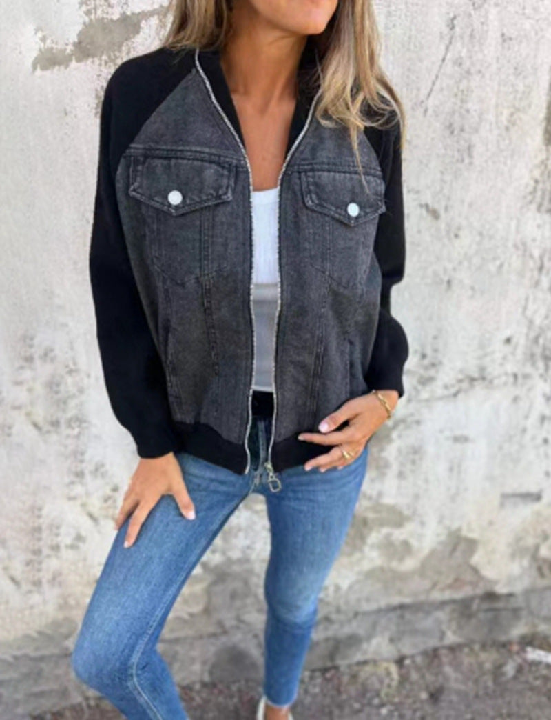 Damen nan Sweat-Jeans-Bomberjacke mit Raglanärmeln Brustklappen und Reißverschluss Echo Archiv