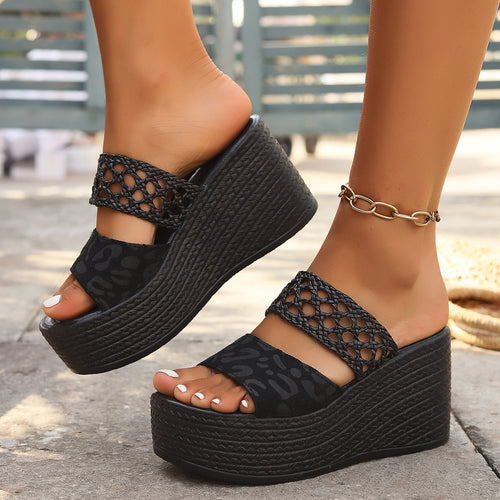 Damen nan Plateau-Pantolette mit geflochtenem Riemen Leopardenmuster-Zehentrenner und Espadrille-Keilabsatz Echo Archiv