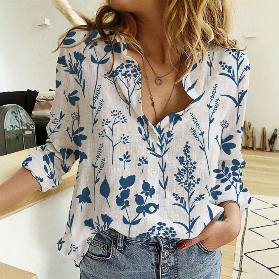 Damen nan lockere Leinenoptik-Bluse mit V-Ausschnitt botanischem Alloverprint und Dreiviertelärmeln Echo Archiv
