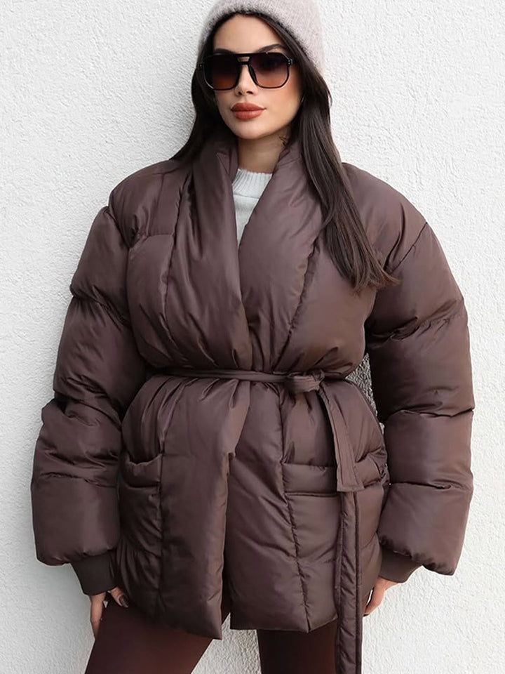 Damen Gesteppte Taillierte Steppjacke mit Schalkragen und Bindegürtel Echoarchiv