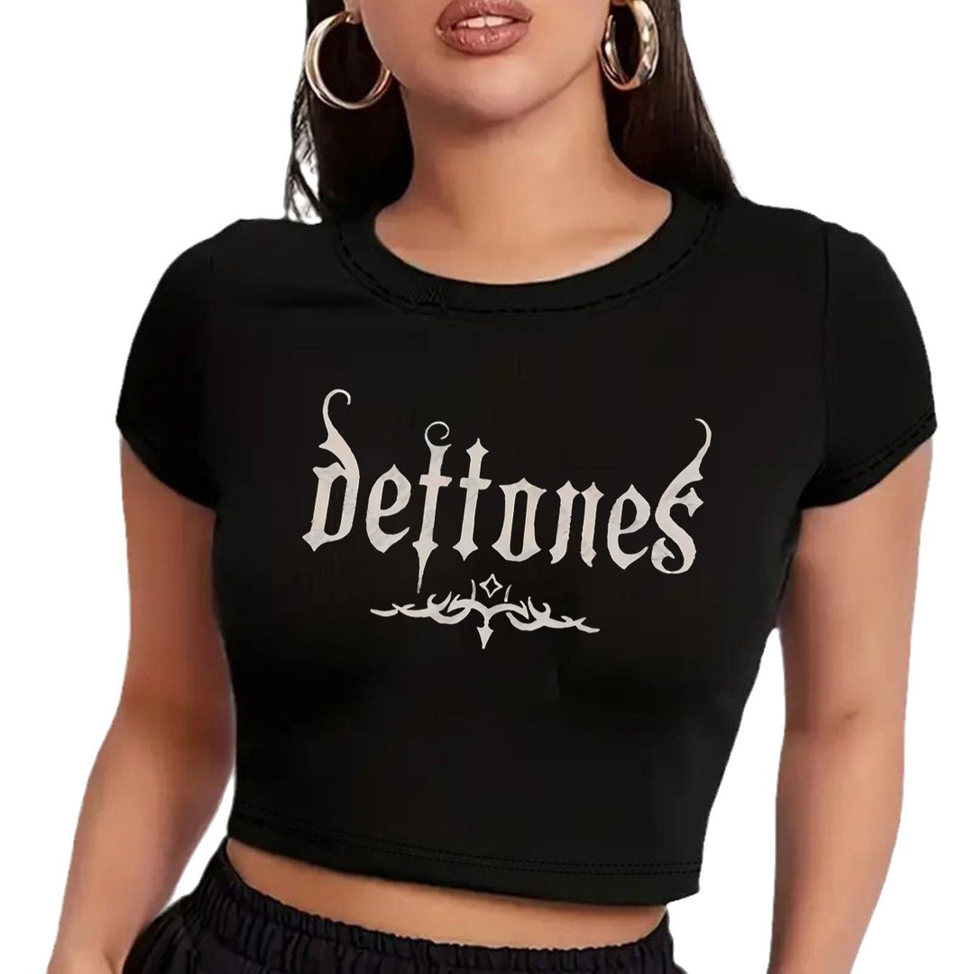 Damen Crop-T-Shirt mit animalistischem Lippenmotiv und auffälligem Schriftzug Echo Archiv