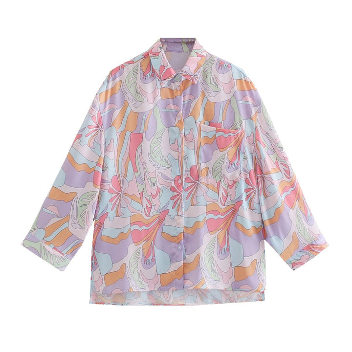 Damen Oversize-Hemdbluse mit abstraktem Allover-Print, leichtes Chiffon-Top, langärmelig Echo Archiv