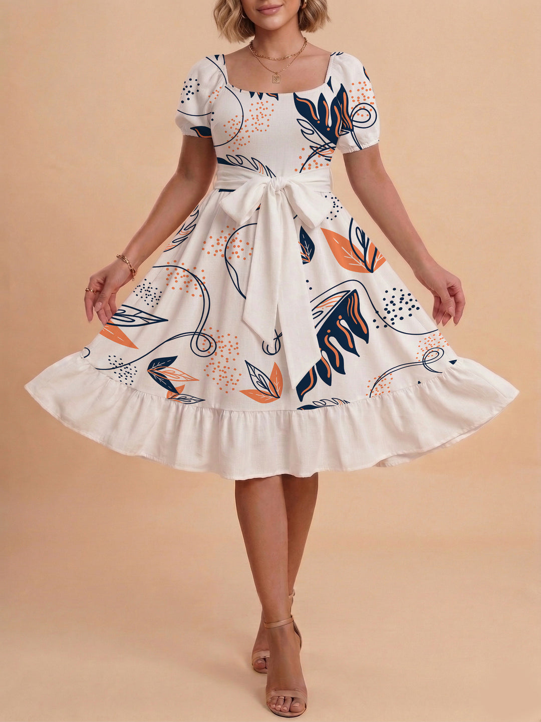 Damen Sommerliches Blumenkleid mit taillierbarem Gürtel und voluminösen Ärmeln Echo Archiv