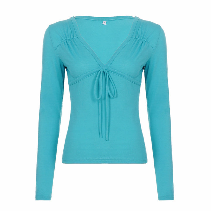 Damen Tailliertes Langarmshirt mit V-Ausschnitt, Zierknoten und geraffter Schulter Echo Archiv