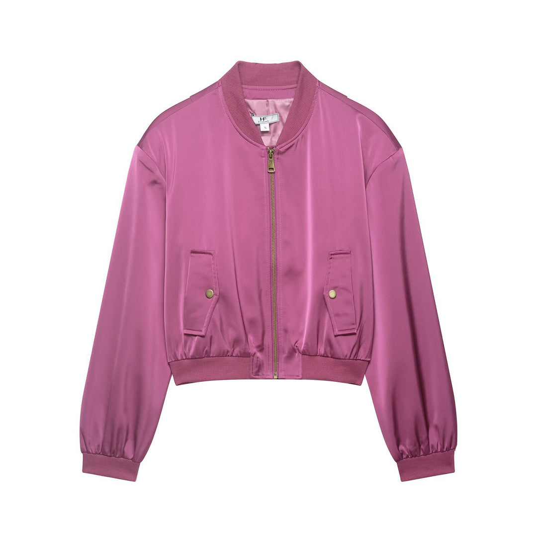 Damen Kurz geschnittene Satin-Bomberjacke mit Rippbündchen und Druckknopf-Taschen Echo Archiv