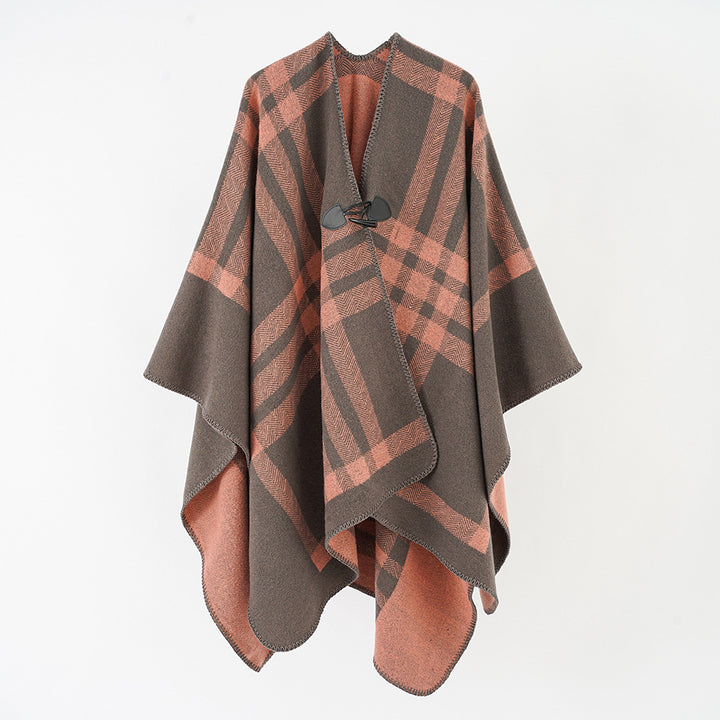 Damen Reversibler Wollmix-Poncho mit Knebelverschluss und Karomuster Echo Archiv